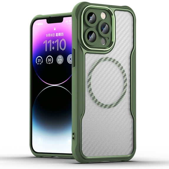 Allytech Carbon Fiber Case for iPhone 14 Pro Max | 360-Degree Protection | Thin & Light Design | Full Camera Lens Protection | Anti-Fingerprint & Non-Slip | Flexible & Luxury | Green