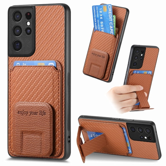 Allytech Card Holder Back Cover Case for Samsung Galaxy S21 Ultra, PU Leather TPU Hybrid Kickstand Anti-Scratch Shockproof Slim Vintage Phone Case for Galaxy S21 Ultra, Brown
