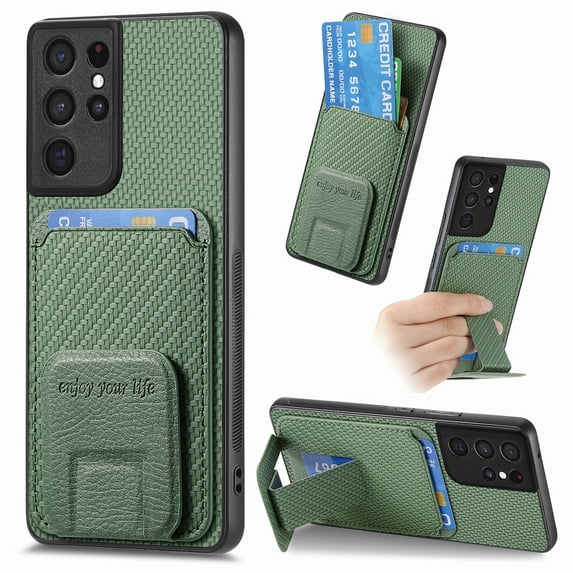 Allytech Card Holder Back Cover Case for Samsung Galaxy S21 Ultra, PU Leather TPU Hybrid Kickstand Anti-Scratch Shockproof Slim Vintage Phone Case for Galaxy S21 Ultra, Green