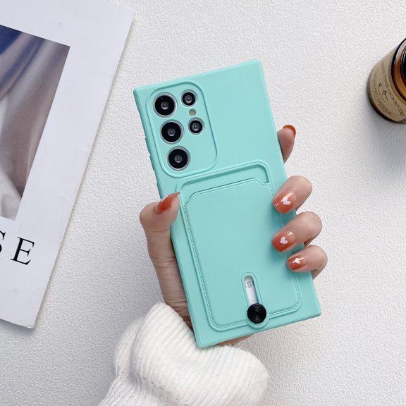 Allytech Card Holder Case Compatible with Samsung Galaxy S24 Ultra, [Full Camera Lens Protection] Thin & Light Fashion Solid Color Soft TPU Shockproof & Anti-Scratch Case for Women Men - Lightgreen