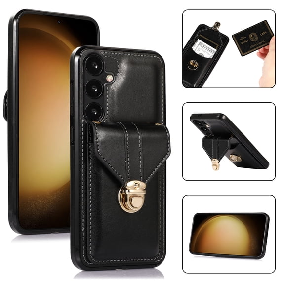 Allytech Card Holder Case for Samsung Galaxy S23 FE, Premium PU Leather Kickstand Case with Metal Anti-Theft Buckle & Shoulder Strap, Shockproof Drop Protection Comfortable Grip Case, Black