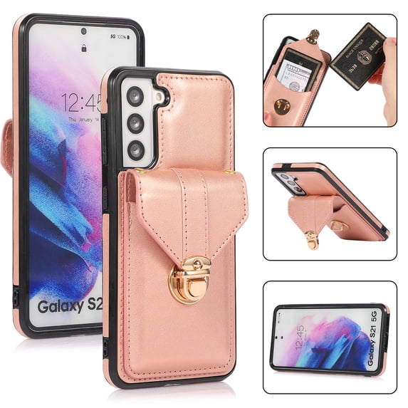 Allytech Card Holder Case for Samsung Galaxy S23 Plus, Premium PU Leather Kickstand Case with Metal Anti-Theft Buckle & Shoulder Strap, Shockproof Drop Protection Comfortable Grip Case, Rosegold