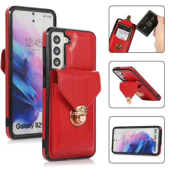 Allytech Card Holder Case for Samsung Galaxy S23 Plus, Premium PU Leather Kickstand Case with Metal Anti-Theft Buckle & Shoulder Strap, Shockproof Drop Protection Comfortable Grip Case, Red
