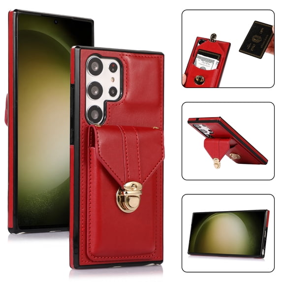 Allytech Card Holder Case for Samsung Galaxy S23 Ultra, Premium PU Leather Kickstand Case with Metal Anti-Theft Buckle & Shoulder Strap, Shockproof Drop Protection Comfortable Grip Case, Red