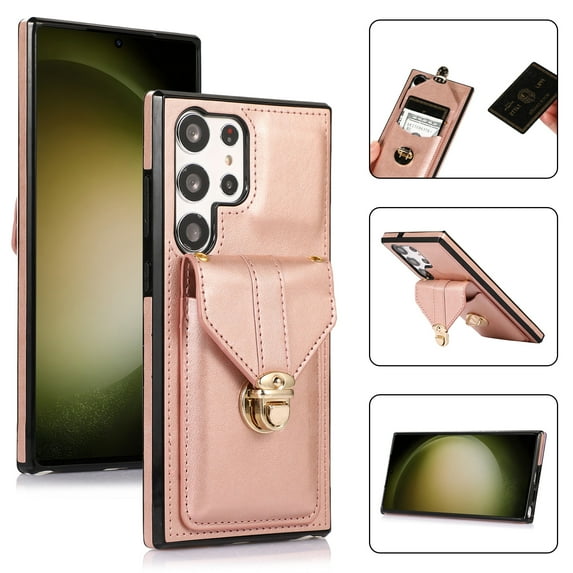 Allytech Card Holder Case for Samsung Galaxy S23 Ultra, Premium PU Leather Kickstand Case with Metal Anti-Theft Buckle & Shoulder Strap, Shockproof Drop Protection Comfortable Grip Case, Rosegold
