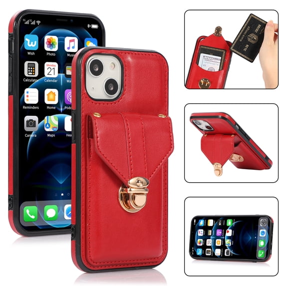 Allytech Card Holder Case for iPhone 14 Plus, Premium PU Leather Kickstand Case with Metal Anti-Theft Buckle & Shoulder Strap, Shockproof Drop Protection Comfortable Grip Case, Red
