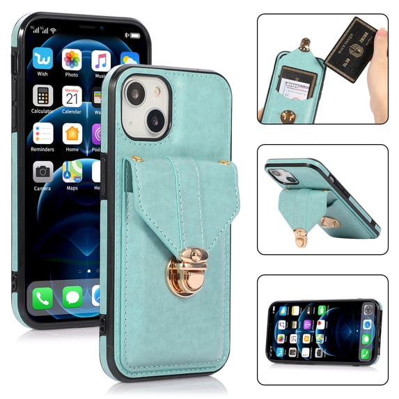 Allytech Card Holder Case for iPhone 14, Premium PU Leather Kickstand Case with Metal Anti-Theft Buckle & Shoulder Strap, Shockproof Drop Protection Comfortable Grip Case, Green