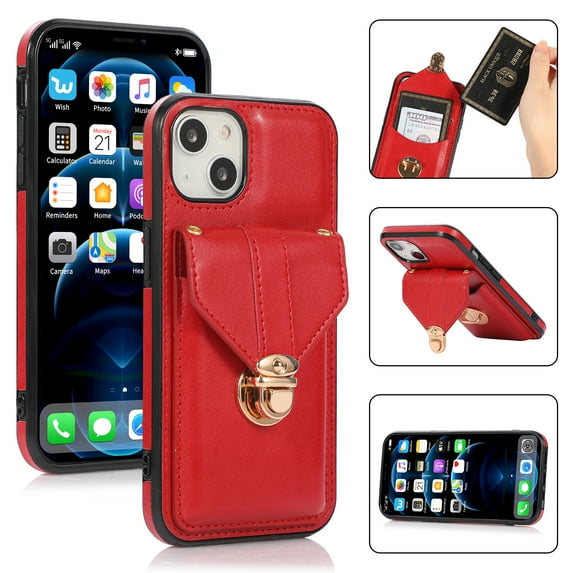Allytech Card Holder Case for iPhone 14, Premium PU Leather Kickstand Case with Metal Anti-Theft Buckle & Shoulder Strap, Shockproof Drop Protection Comfortable Grip Case, Red