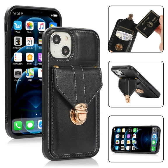 Allytech Card Holder Case for iPhone 14, Premium PU Leather Kickstand Case with Metal Anti-Theft Buckle & Shoulder Strap, Shockproof Drop Protection Comfortable Grip Case, Black