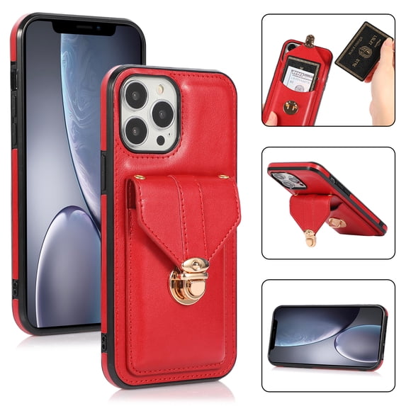 Allytech Card Holder Case for iPhone 14 Pro, Premium PU Leather Kickstand Case with Metal Anti-Theft Buckle & Shoulder Strap, Shockproof Drop Protection Comfortable Grip Case, Red
