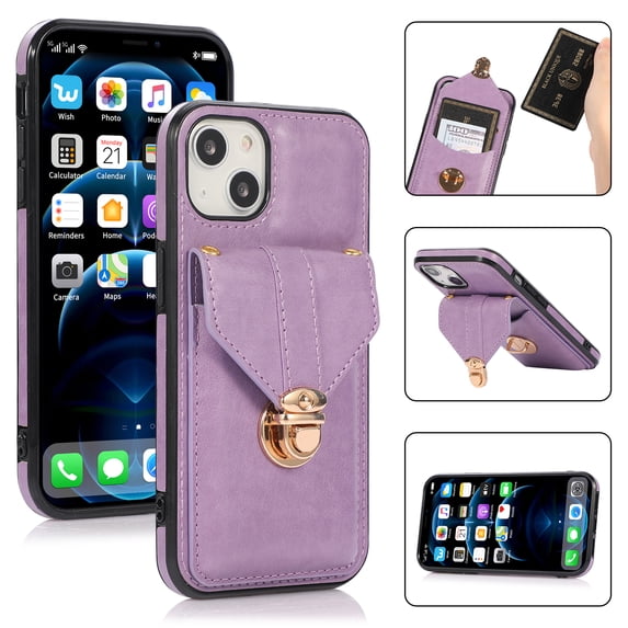 Allytech Card Holder Case for iPhone 15 Plus, Premium PU Leather Kickstand Case with Metal Anti-Theft Buckle & Shoulder Strap, Shockproof Drop Protection Comfortable Grip Case, Purple