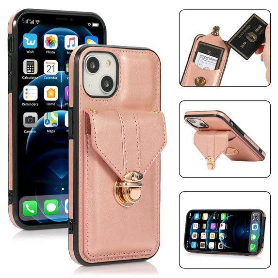 Allytech Card Holder Case for iPhone 15 Plus, Premium PU Leather Kickstand Case with Metal Anti-Theft Buckle & Shoulder Strap, Shockproof Drop Protection Comfortable Grip Case, Rosegold
