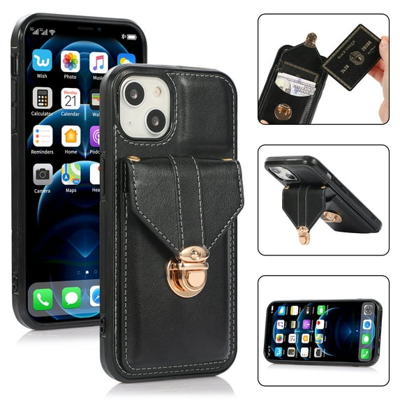 Allytech Card Holder Case for iPhone 15 Plus, Premium PU Leather Kickstand Case with Metal Anti-Theft Buckle & Shoulder Strap, Shockproof Drop Protection Comfortable Grip Case, Black
