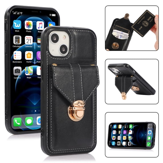 Allytech Card Holder Case for iPhone 15, Premium PU Leather Kickstand Case with Metal Anti-Theft Buckle & Shoulder Strap, Shockproof Drop Protection Comfortable Grip Case, Black