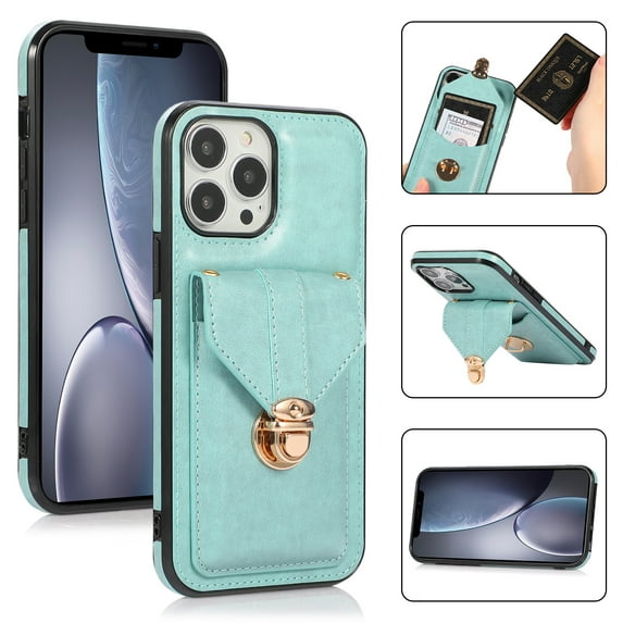 Allytech Card Holder Case for iPhone 15 Pro Max, Premium PU Leather Kickstand Case with Metal Anti-Theft Buckle & Shoulder Strap, Shockproof Drop Protection Comfortable Grip Case, Green