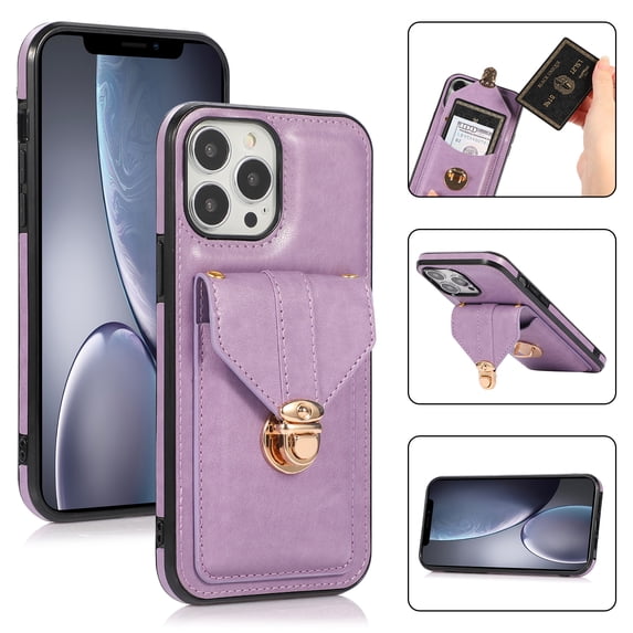 Allytech Card Holder Case for iPhone 15 Pro Max, Premium PU Leather Kickstand Case with Metal Anti-Theft Buckle & Shoulder Strap, Shockproof Drop Protection Comfortable Grip Case, Purple
