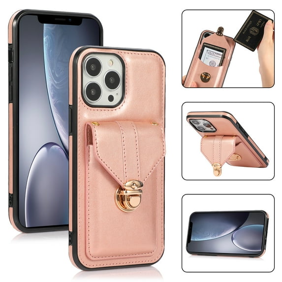 Allytech Card Holder Case for iPhone 15 Pro, Premium PU Leather Kickstand Case with Metal Anti-Theft Buckle & Shoulder Strap, Shockproof Drop Protection Comfortable Grip Case, Rosegold
