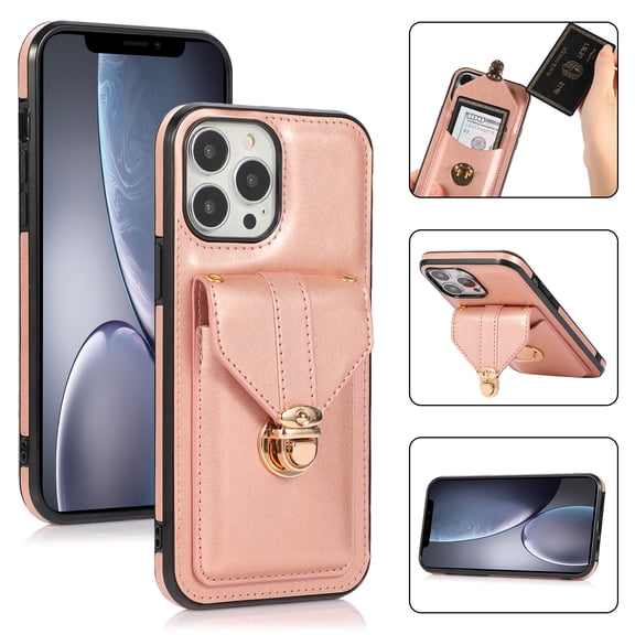 Allytech Card Holder Case for iPhone 15 Pro, Premium PU Leather Kickstand Case with Metal Anti-Theft Buckle & Shoulder Strap, Shockproof Drop Protection Comfortable Grip Case, Rosegold