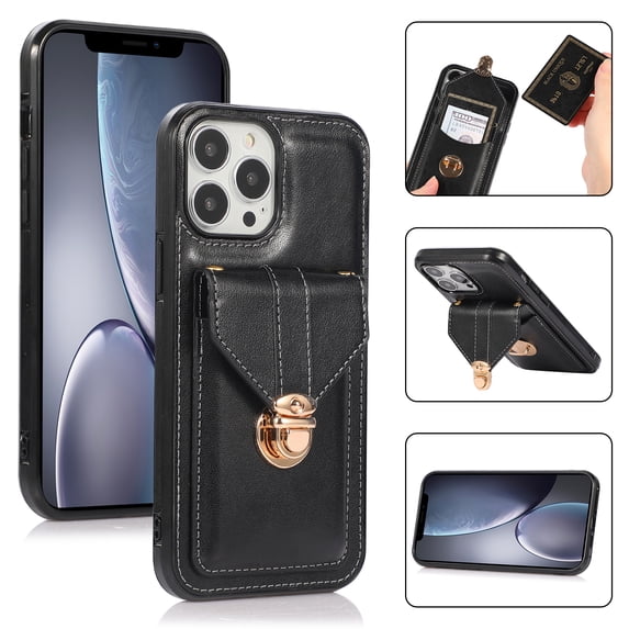 Allytech Card Holder Case for iPhone 15 Pro, Premium PU Leather Kickstand Case with Metal Anti-Theft Buckle & Shoulder Strap, Shockproof Drop Protection Comfortable Grip Case, Black