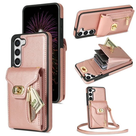 Allytech Cards Holder Wallet Back Case for Samsung Galaxy S20+ Plus, Multiple Cards Holder Stand Shockproof Anti-Scratch Shoulder Strap Wallet Cover for Girls Women - Rosegold
