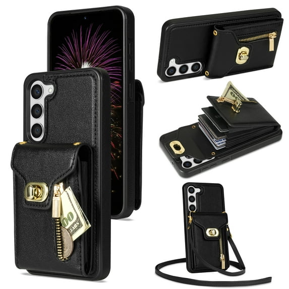 Allytech Cards Holder Wallet Back Case for Samsung Galaxy S23 FE 5G, PU Leather 5 Cards Slots Cover for Girls Women Stand Shockproof Bumper Case with Metal Buckle Lanyard - Black