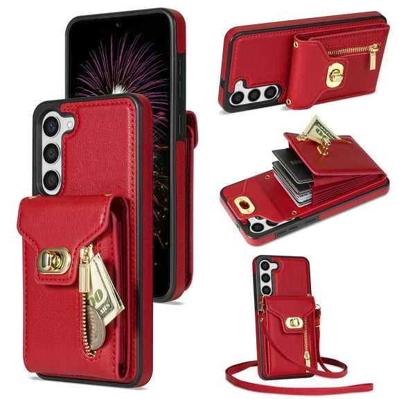 Allytech Cards Holder Wallet Back Case for Samsung Galaxy S23+ Plus, PU Leather 5 Cards Slots Cover for Girls Women Stand Shockproof Bumper Case with Metal Buckle Lanyard - Red