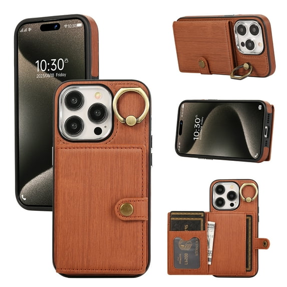 Allytech Cards Holder Wallet Case for Apple iPhone 15 Pro, Retro PU Leather Slim Fit 360 Rotating Ring Holder Kickstand Shock Resistant Phone Case Cover for Apple iPhone 15 Pro - Brown