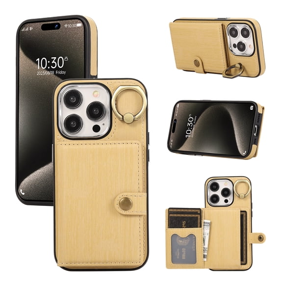 Allytech Cards Holder Wallet Case for Apple iPhone 15 Pro, Retro PU Leather Slim Fit 360 Rotating Ring Holder Kickstand Shock Resistant Phone Case Cover for Apple iPhone 15 Pro - Yellow