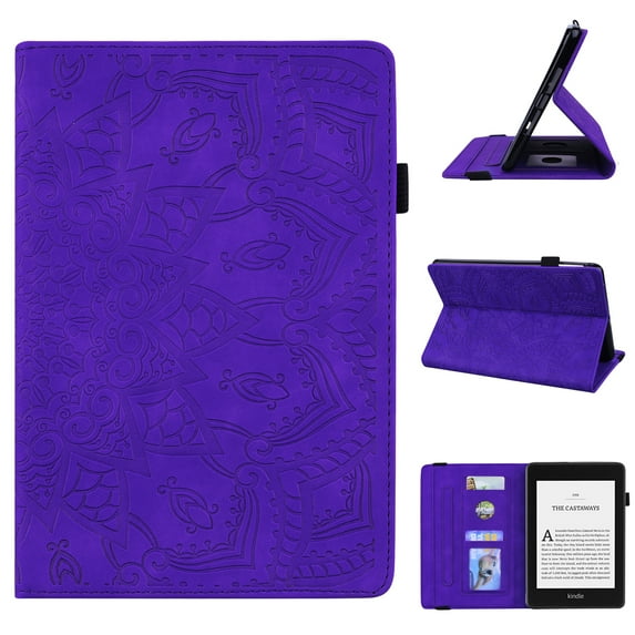 Allytech Case for 6.8" Kindle Paperwhite 11th Generation 2021, Embossed Mandala PU Leather Book Stand Auto Sleep Wake Card/Pen Holder Cover for Paperwhite 2021 Signature Edition/Kids E-Reader, Purple