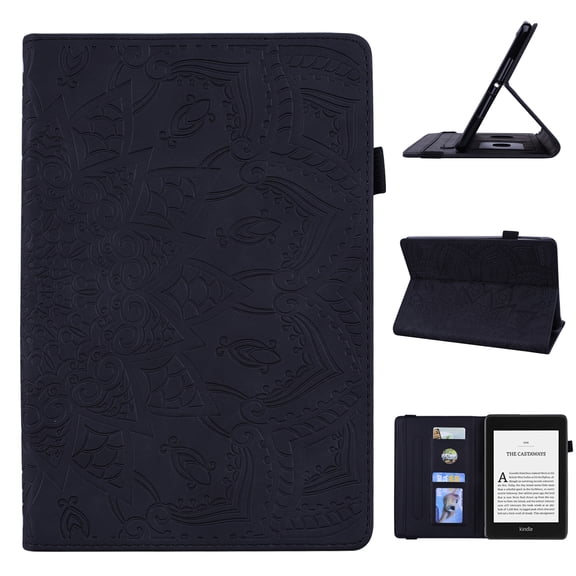 Allytech Case for 6.8" Kindle Paperwhite 11th Generation 2021, Embossed Mandala PU Leather Book Stand Auto Sleep Wake Card/Pen Holder Cover for Paperwhite 2021 Signature Edition/Kids E-Reader, Black