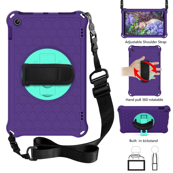 Allytech Case for All-New Amazon Fire HD 10 Tablet (7th Generation and 9th Generation, 2017 and 2019 Release), Kids Friendly Shockproof Kickstand Hand Strap Adjustable Shoulder Strap, Purple/Aqua