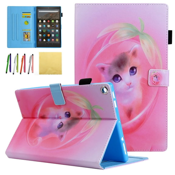 Allytech Case for All-New Amazon Fire HD 8 Tablet (8th/ 7th / 6th / 5th Generation, 2018/ 2017 / 2016 / 2015 Release) - Folio Stand Cover Case with Card Slots & Auto Wake / Sleep, Pink Cat
