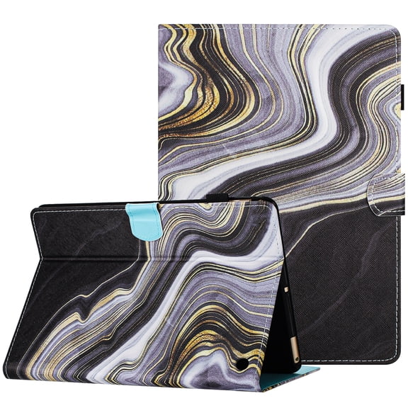 Allytech Case for Amazon Fire 7 (12th Generation, 2022 Release) with Pen Holder & Card Slots, Multi-Angle Viewing Stand PU Leather Auto Sleep Wake Shockproof Flip Case, Black Gold Marble