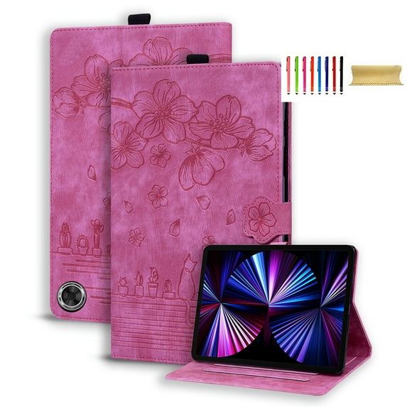 Allytech Case for Amazon Fire Max 11 Cover 13th Generation 2023 Released, Flower Cat Embossed Multi-Angle Viewing Stand Flip Folio Cards Slots Mangetic Closure Pencil Case - Rose