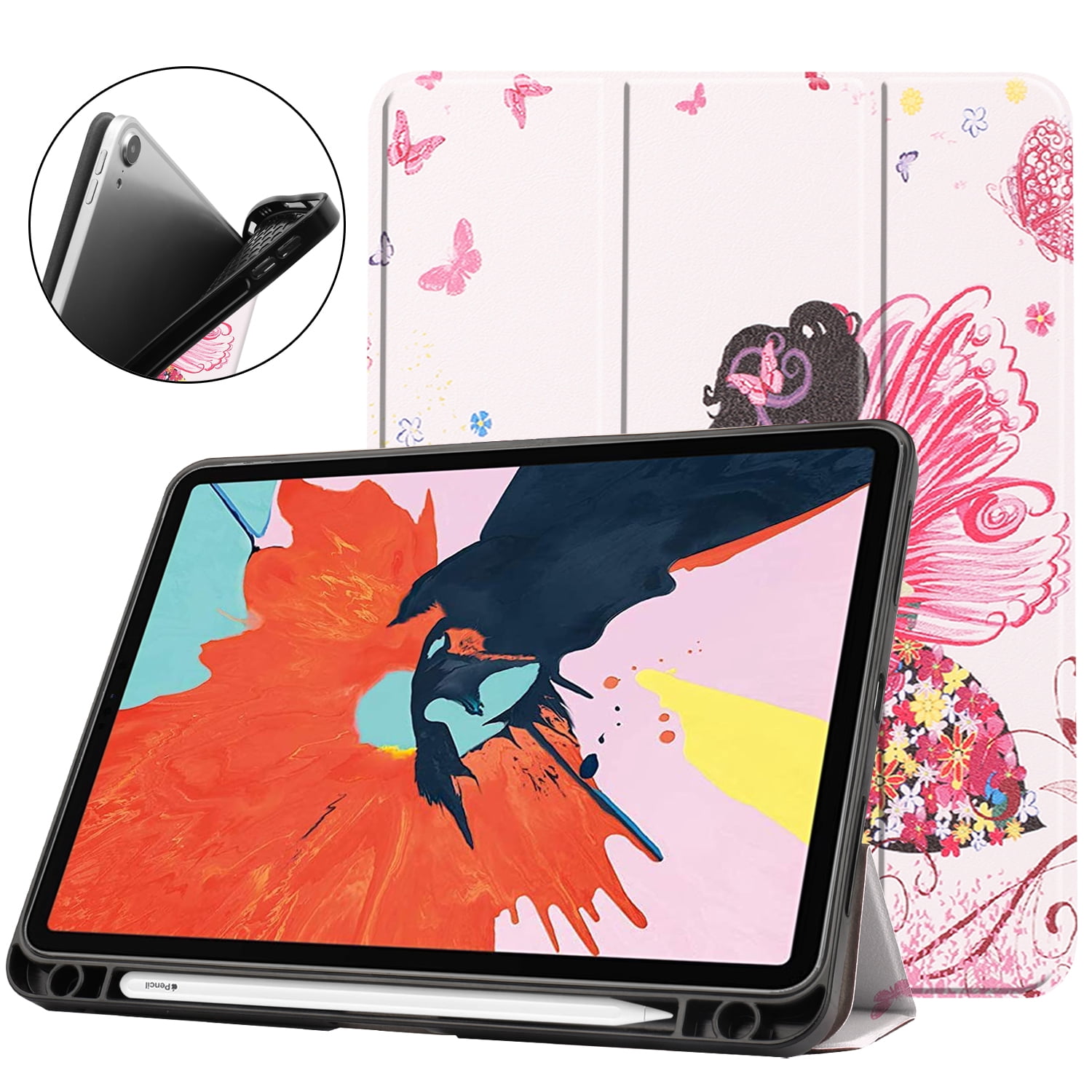Allytech Case for Apple iPad 10.9" 2020 / iPad Air 4th Generation - Build-in Pencil Holder Ultra Thin Lightweight Shockproof Auto Sleep Wake Multi Angle Stand, Butterfly Girl