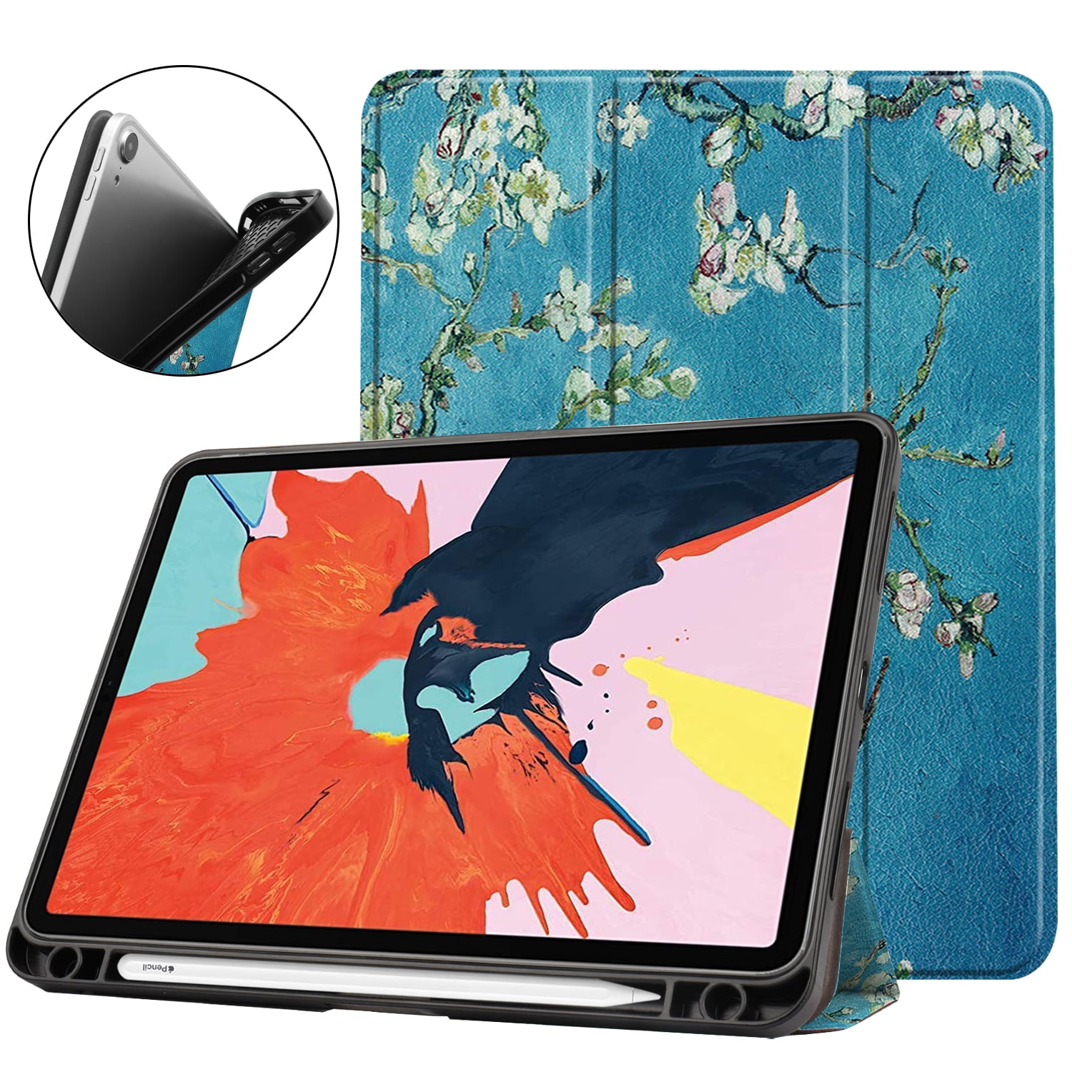 Allytech Case for Apple iPad 10.9" 2020 / iPad Air 4th Generation - Build-in Pencil Holder Ultra Thin Lightweight Shockproof Auto Sleep Wake Multi Angle Stand, Blossom