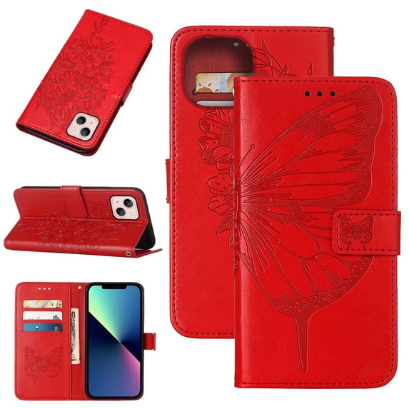 Allytech Case for Apple iPhone 14,Shockproof Butterfly & Flower Embossed Pattern PU Leather Wallet Case Magnetic Folio Flip Kickstand Cover with Card Slots Phone Cover with Wrist Strap,Red