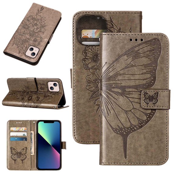 Allytech Case for Apple iPhone 14,Shockproof Butterfly & Flower Embossed Pattern PU Leather Wallet Case Magnetic Folio Flip Kickstand Cover with Card Slots Phone Cover with Wrist Strap,Gray