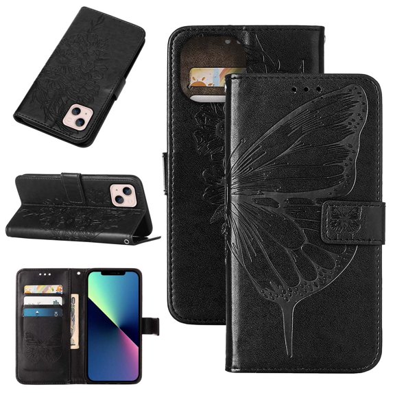 Allytech Case for Apple iPhone 14,Shockproof Butterfly & Flower Embossed Pattern PU Leather Wallet Case Magnetic Folio Flip Kickstand Cover with Card Slots Phone Cover with Wrist Strap,Black