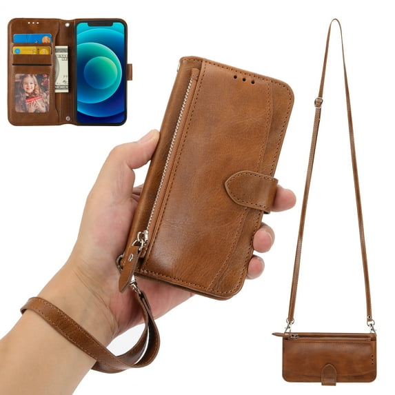 Allytech Case Compatible with Apple iPhone X/iPhone XS,Premium PU Leather Shockproof Magnetic Flip Holder Card Slots Wallet Zipper Pocket Phone Case with Crossbody Strap & Hand Strap,Brown