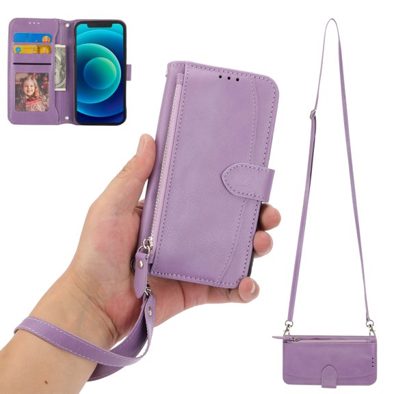 Allytech Case Compatible with Apple iPhone X/iPhone XS,Premium PU Leather Shockproof Magnetic Flip Holder Card Slots Wallet Zipper Pocket Phone Case with Crossbody Strap & Hand Strap,Purple