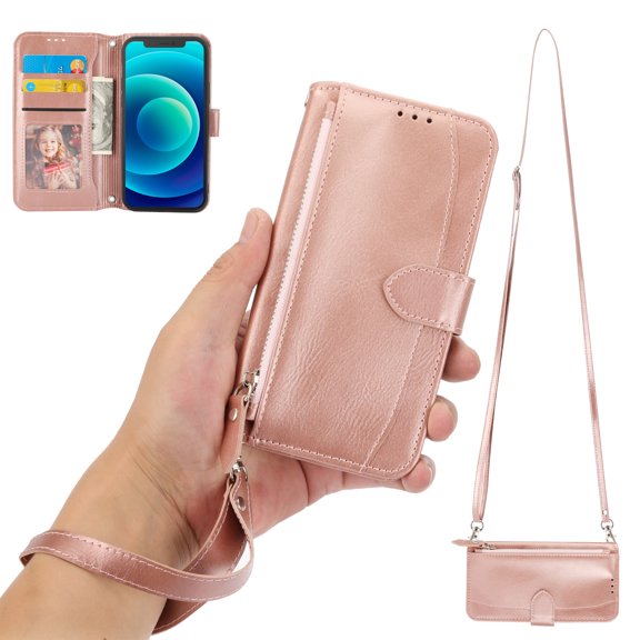 Allytech Case Compatible with Apple iPhone X/iPhone XS,Premium PU Leather Shockproof Magnetic Flip Holder Card Slots Wallet Zipper Pocket Phone Case with Crossbody Strap & Hand Strap,Rosegold
