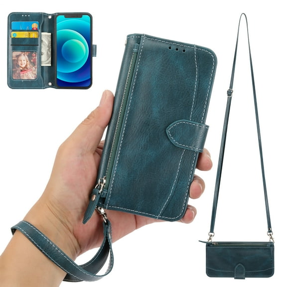 Allytech Case Compatible with Apple iPhone X/iPhone XS,Premium PU Leather Shockproof Magnetic Flip Holder Card Slots Wallet Zipper Pocket Phone Case with Crossbody Strap & Hand Strap,Green