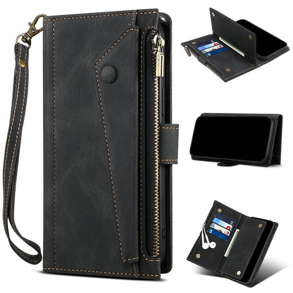 Allytech Case Compatible with Google Pixel 6 Pro 5G 2021 Cover (6.7 inch), [10 Card/Cash Slots][1 Zipper Wallet Design][Cross Body Strap][Wristle Lanyard] Magnetic Snap Protective Case, Black