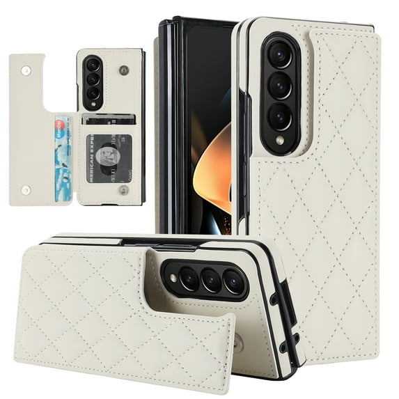 Allytech Case Compatible with Samsung Galaxy Z Fold4 with Card Slots, Slim Thin Luxury PU Leather Shockproof Double Buckle Kickstand Case for Samsung Galaxy Z Fold4 - White