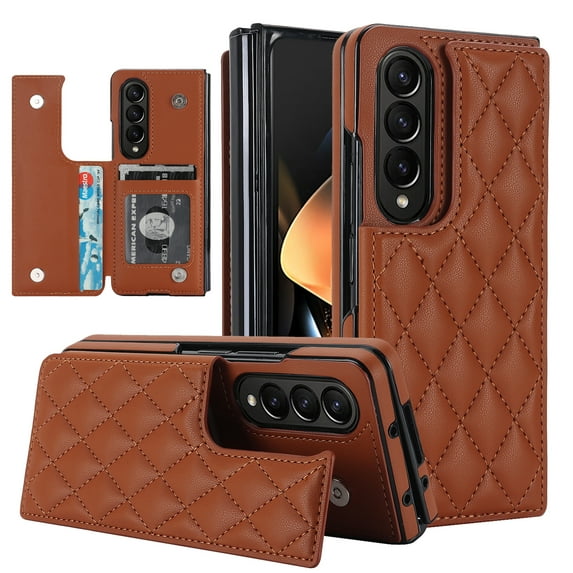 Allytech Case Compatible with Samsung Galaxy Z Fold4 with Card Slots, Slim Thin Luxury PU Leather Shockproof Double Buckle Kickstand Case for Samsung Galaxy Z Fold4 - Brown