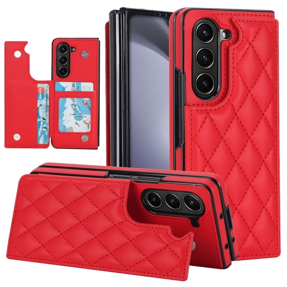 Allytech Case Compatible with Samsung Galaxy Z Fold6 with Card Slots, Slim Thin Luxury PU Leather Shockproof Double Buckle Kickstand Case for Samsung Galaxy Z Fold6 - Red