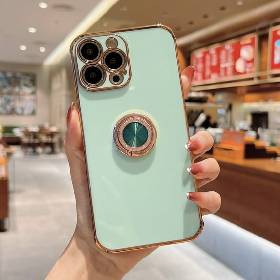 Allytech Case Compatible with iPhone 11 Pro ,Soft Rubber Protective Phone Case ,Luxury Shiny Ring Holder Electroplated Plating Rose Gold Edge Rotatable Magnetic Stand Case, Mint