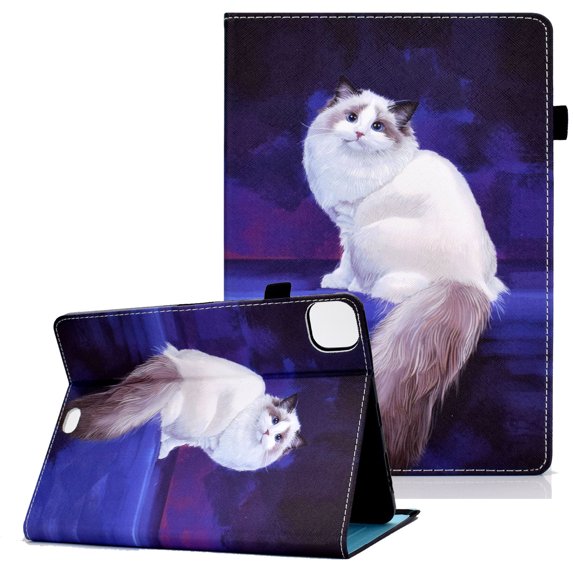 Allytech Case Fit New iPad Pro 11 inch Case 2021(3rd Gen)/Pro 11 2nd Gen 2020, Shockproof PU Leather Book Stand Style Cover Design Auto Sleep Wake Magntic Sleeve with Pencil Holder, White Cat