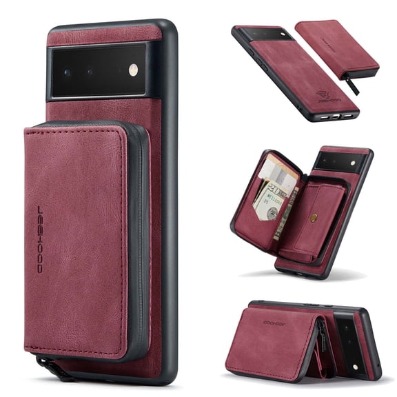 Allytech Case for Google Pixel 6 Cover PU Leather Zipper Wallet Case, Detachable Magnetic Back Card Holder Slim Folio Stand Shockproof Business Style Case for Google Pixel 6 2021( 6.4" 2021), Red